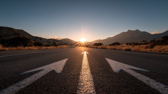 Road forks at sunrise, symbolizing choices and new beginnings