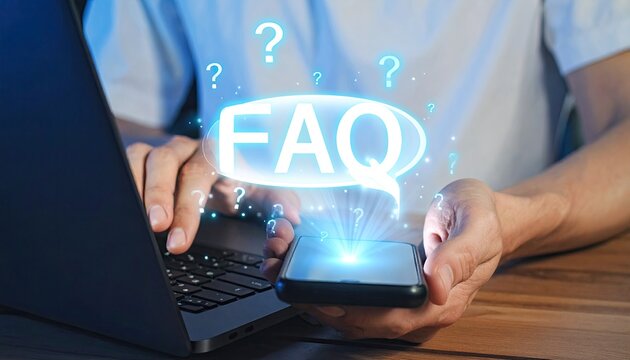 Person working on laptop, with glowing "FAQ" speech bubble emanating from phone