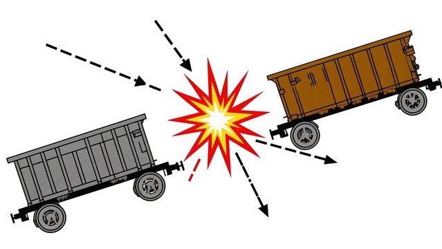 Cartoon illustration of two train cars colliding with a large explosion, creating a dynamic and impactful visual.