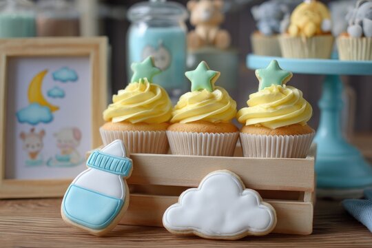 Sweet baby shower celebration with yellow cupcakes, star, & cookies