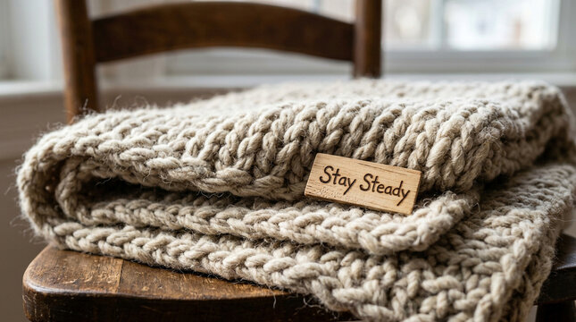 Chunky knit wool blanket with Stay Steady label, cozy beige throw on wooden chair, rustic home decor and hygge lifestyle concept