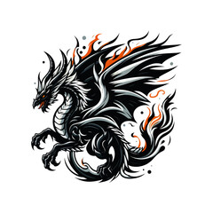 Fototapeta premium A fierce black and white dragon with fiery orange accents, depicted in a dynamic, illustrative style.
