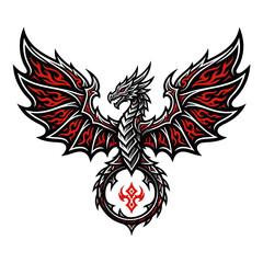 Naklejka premium A striking illustration of a fierce dragon with intricate red and black wings, its body coiled into a circular shape with a glowing symbol.