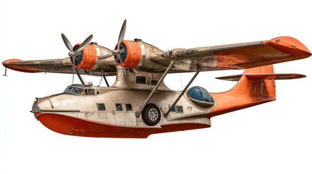 Vintage twin-engine seaplane with orange accents