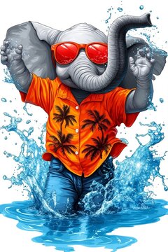 An elephant wearing sunglasses and a shirt in the water