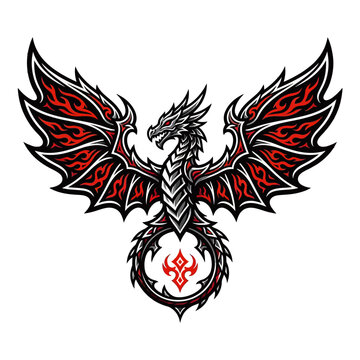 A striking illustration of a fierce dragon with intricate red and black wings, its body coiled into a circular shape with a glowing symbol.