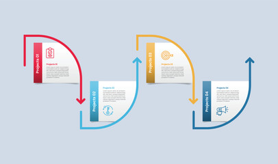 zigzag horizontal timeline infographic with glossy gradient style with square box with curve line arrow upside down with four segment information © ribkhan