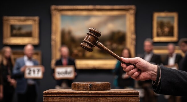 Auctioneer holds gavel over block as bidders display art sale results