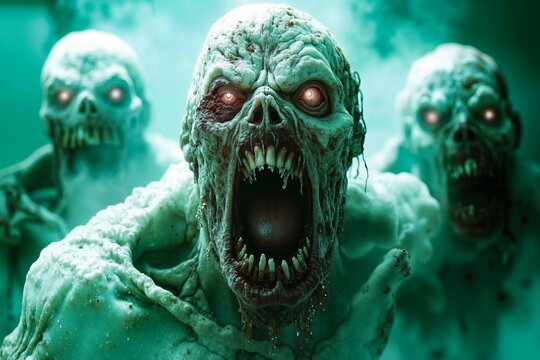 A group of three zombies with their mouths open in the water