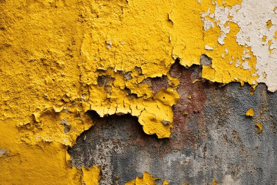 Textured wall with peeling yellow paint revealing weathered concrete and rust