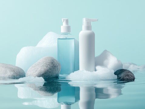 Refreshing skincare products on a bed of ice and stones