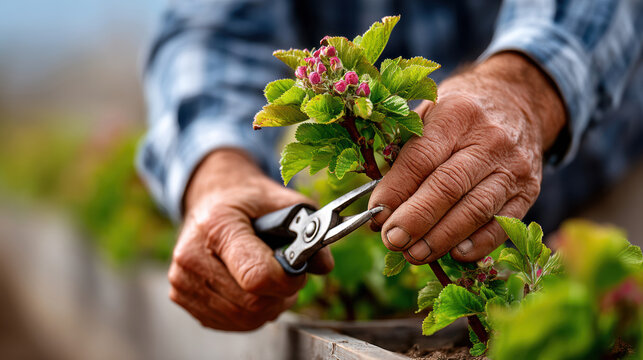Closeup of hands pruning budding fruit plant with secateurs for gardening background and banner design