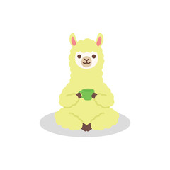Fototapeta premium Cute yellow alpaca sitting cross-legged and drinking tea flat vector illustration of mindful llama