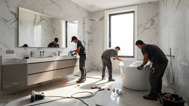 Men installing modern luxury bathroom with marble in residential renovation