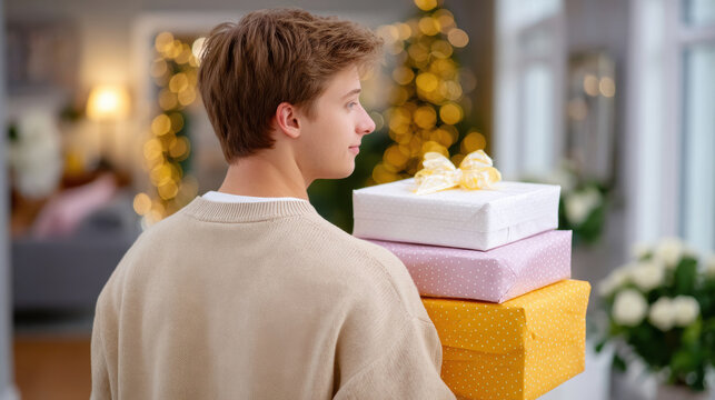 Young man carrying a stack of birthday presents with a christmas tree in the background for holiday greeting card and banner design