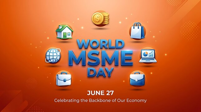 Colorful world msme day celebration poster with icons and text for economic awareness event