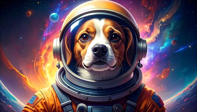 Dog in astronaut suit amidst cosmic nebulae and celestial bodies