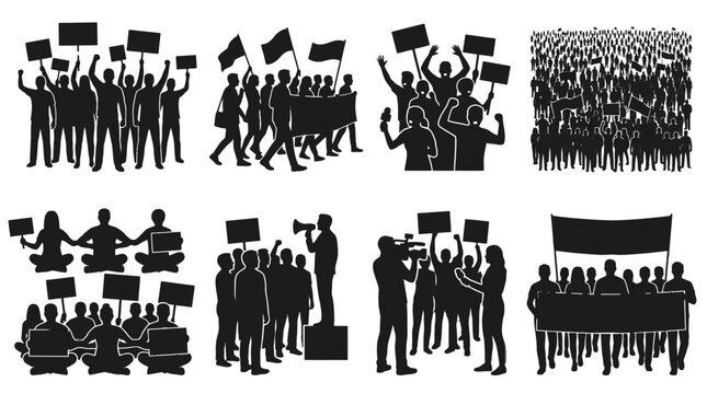 Black silhouettes of people protesting with banners, flags, and megaphones on a dark background, representing activism, social justice, and civil rights. PNG, Transparent Background