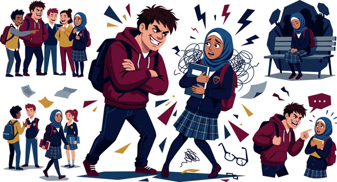 School Bullying Vector Set with Aggressive Boy Intimidating Sad Muslim Hijab Student, Mocking Peers, and Lonely Girl on Bench for Social Issue Designs