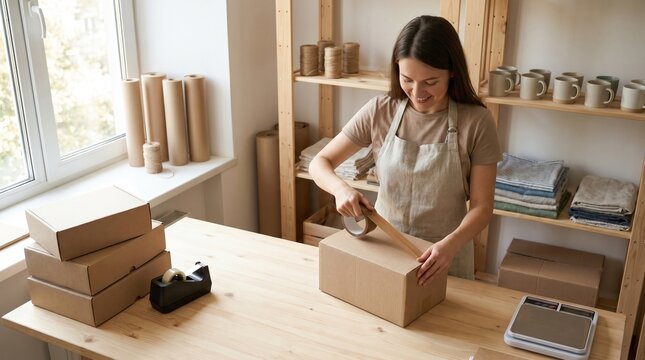 Small Business Owner Packing Orders, Shipping Boxes, E-commerce Fulfillment, Woman Working from Home