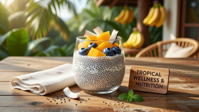 Coconut chia pudding cup with banana mango and berries on rustic tropical wooden table