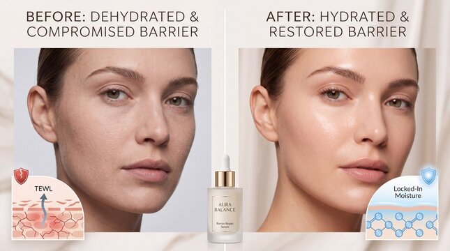Dehydrated skin compromised barrier hydrated skin restored barrier woman skincare serum moisture facial care healthy complexion hydration recovery beauty