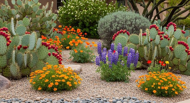 Colorful desert garden with blooming cacti succulents and vibrant wildflowers in a sunny gravel yard. arizona front yard