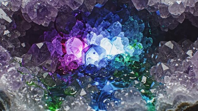Vibrant glowing crystals with liquid drop inside geode