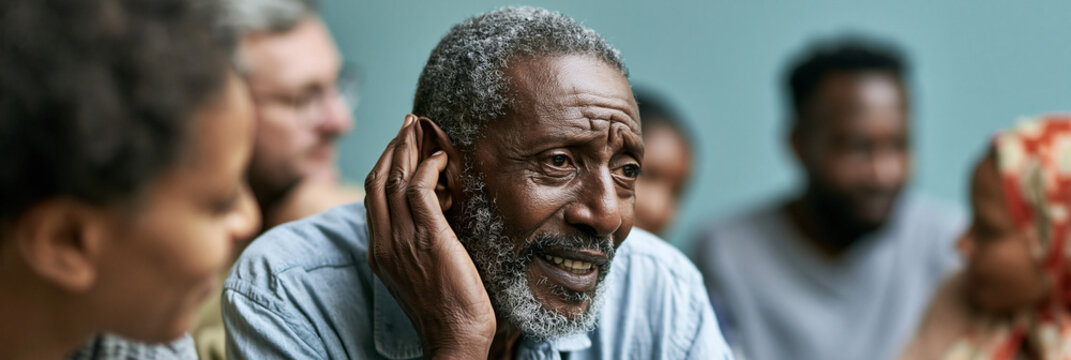 Senior man cupping his ear to hear better. Elderly Black male struggling with hearing loss in a group setting. Communication difficulty concept