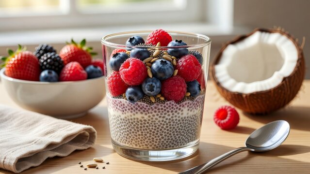 Coconut chia pudding cup with berries and coconut on table in fresh morning styling