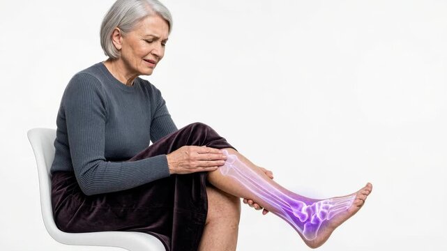 Senior woman feeling ankle pain and holding leg with digital anatomy overlay. Medical illustration of joint inflammation and injury for orthopedic health concept.