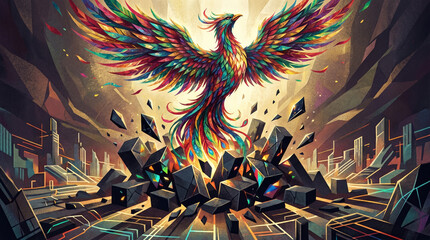 Naklejka premium Vibrant Multicolored Phoenix Rising from the Ruins of a Futuristic City in a Dramatic Explosion of Light and Color