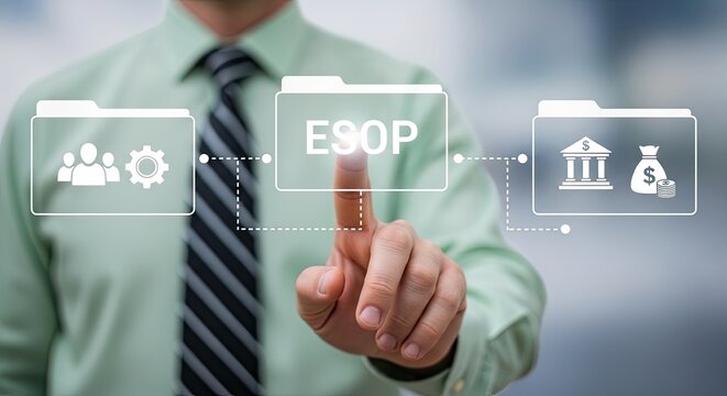 Businessman touching ESOP Employee Stock Ownership Plan icon with team and bank symbols in soft focus background
