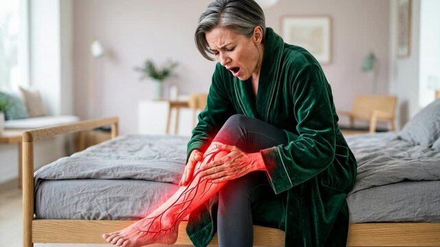 Woman in bathrobe sitting on bed experiencing sharp leg pain. Patient touching leg with inflamed veins. Healthcare concept for venous disease and medical treatment.
