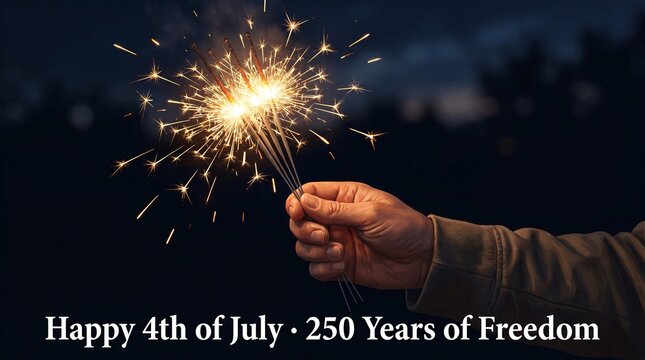 Glowing sparklers held in hand for Happy 4th of July 250 Years of Freedom celebration, patriotic Independence Day holiday background with bright sparks