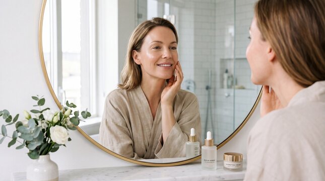 Smiling woman with mature skin applies rejuvenating serum and cream in bright bathroom, wearing beige robe, enjoying self care routine in front of round mirror with flowers