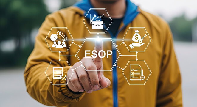Man presses ESOP button with infographic icons representing business growth and finance during daytime