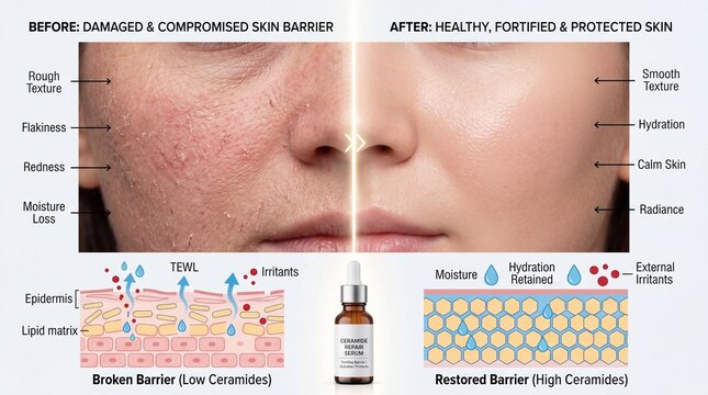Smooth texture hydration calm skin radiance healthy skin fortified barrier ceramide serum moisture retention epidermis lipid matrix skincare active ingredient facial care. Healthy skin with smooth
