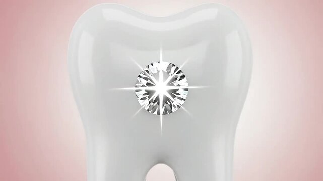 A single white tooth with a sparkling diamond gem centered on a soft pink background