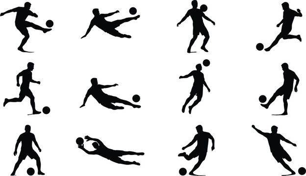 Soccer football player black silhouette vector collection featuring athletic male figures kicking ball running tackling and goalkeeper diving in match action poses