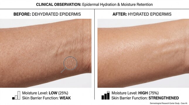 Dehydrated epidermis with low moisture level and weak skin barrier function compared to hydrated epidermis with high moisture level and strengthened skin barrier, showing visible improvement