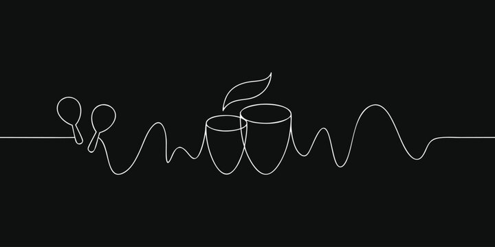 Hand drawn minimalist percussion conga drums with maracas and sound wave pattern on dark background
