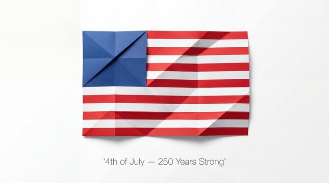 Origami American flag on white background, folded paper United States flag with 4th of July text, patriotic 250 years strong anniversary concept