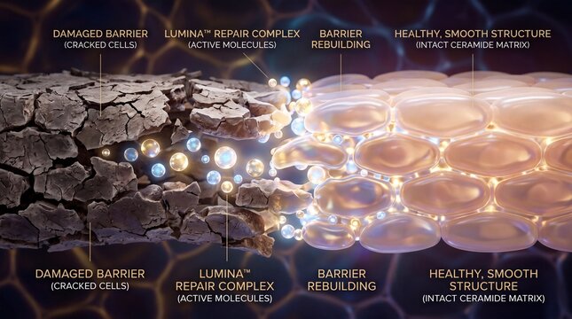 Damaged barrier cracked cell repair complex active molecule barrier rebuilding healthy smooth structure ceramide matrix skin barrier repair visualization hydration protection