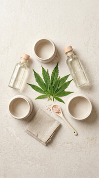 Hemp Leaf Spa Flat Lay Mockup With Jars Bottle Sachet And Limestone