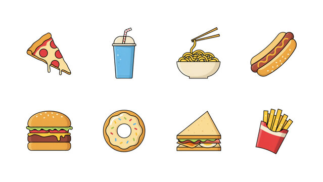 Set of pixel art fast food icons including burger pizza hot dog donut sandwich noodles and fries
