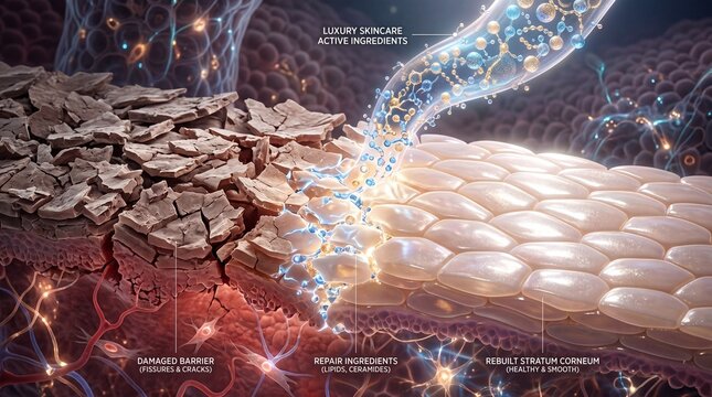 Skin barrier repair visualization, showing damaged barrier with fissures and cracks, repair ingredients like lipids and ceramides, and rebuilt stratum corneum, healthy and smooth