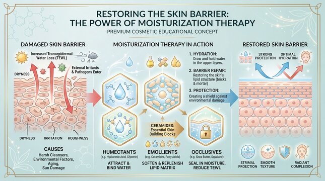 Restoring skin barrier with hydration barrier repair and protection using humectants emollients and occlusives helps prevent dryness irritation and damage for healthy smooth complexion