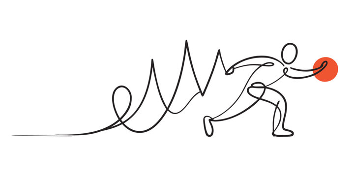 One line drawing of fast runner chasing red ball with jagged energy waveform trails