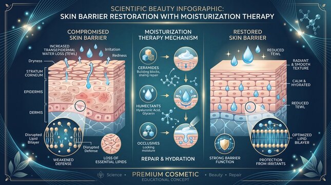 Compromised skin barrier increased transepidermal water loss dryness irritation moisturization therapy ceramides humectants hydration restored skin barrier reduced TEWL calm hydrated radiant